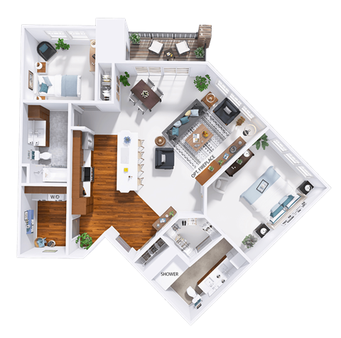 Floor plan for 2 beds, 2 baths, 1261 sqft